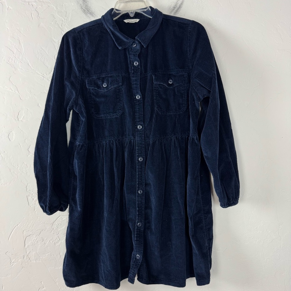 American Eagle Dress Navy Blue Solid Corduroy Ribbed Velvet Button Down Collared
